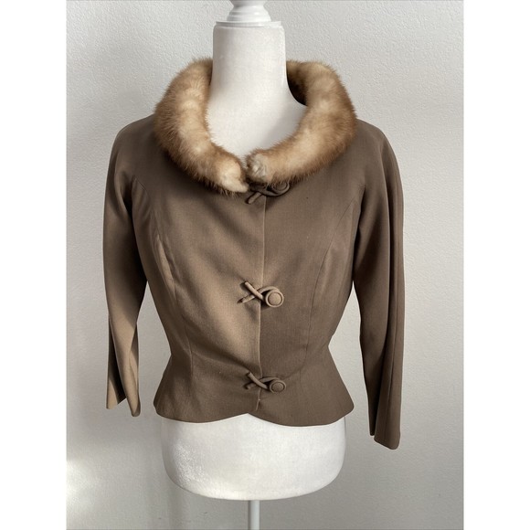 Vtg DON LOPER Beverly Hills Cropped Jacket Brown Designer Top w Mink Collar Sz S - Picture 1 of 12